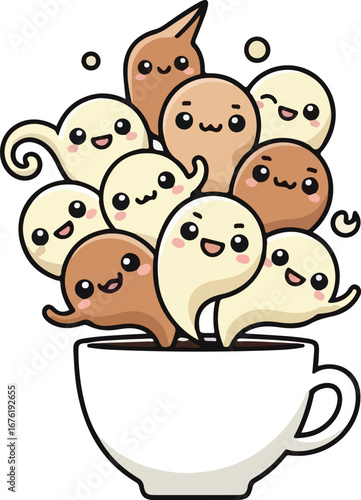 A cup overflowing with cute, smiling marshmallows in shades of white and brown, creating a whimsical and cheerful scene.
