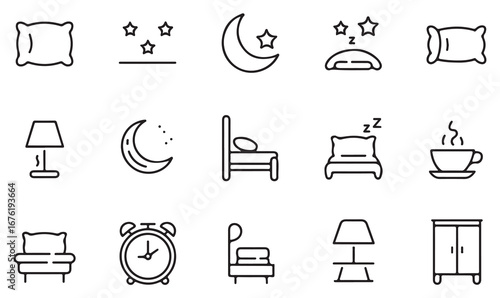 Outline vector icons collection of sleep, comfort, bed, pillow, bedroom furniture, and wellness elements for lifestyle and relaxation concepts