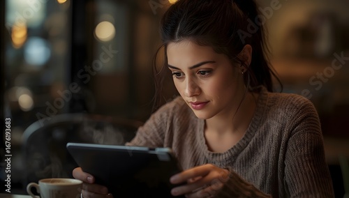 Young Woman Working on Tablet in Relaxed Cafe Atmosphere