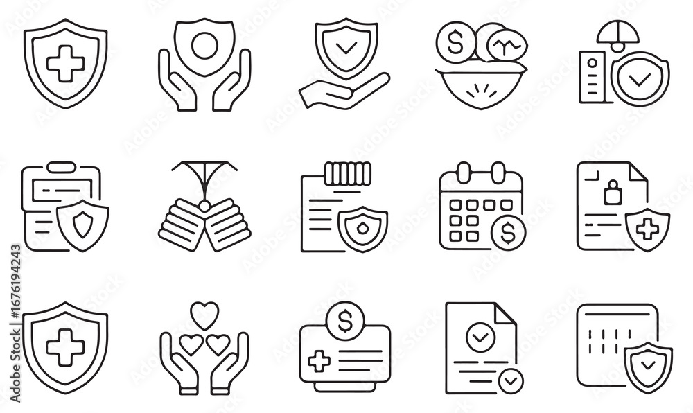 Fototapeta premium Banking and financial line icons collection including shield, documents, payment, tax, account, savings, investment, and economy concepts