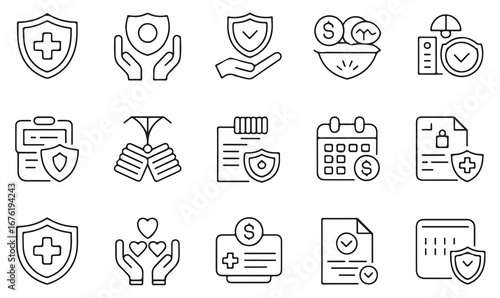 Banking and financial line icons collection including shield, documents, payment, tax, account, savings, investment, and economy concepts
