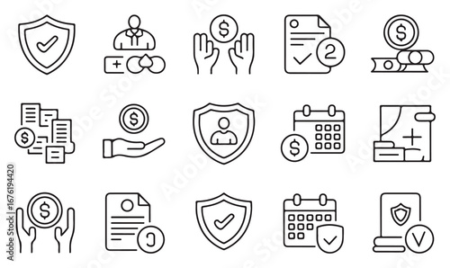 Finance and banking line icons set with money, shield, documents, investment, insurance, tax, loan, savings, and financial planning symbols