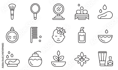 Minimal line style icons of beauty products including mirror, cream, shampoo, soap, flowers, and comb for hygiene and spa design