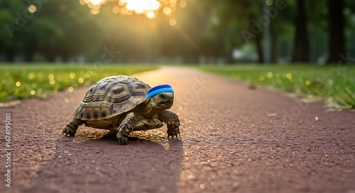A tortoise wearing a headband jogs on a path during a sunset, promoting healthy activity.