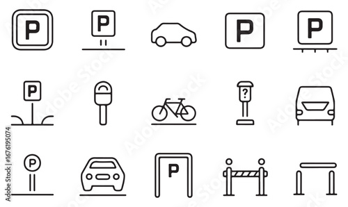 Outline vector icons of parking, bicycles, cars, traffic barriers, and transport signs for mobility and road infrastructure concepts