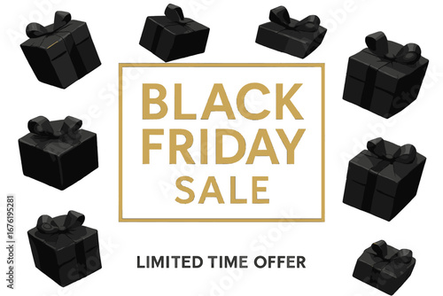 A Black Friday vector banner featuring descending gift boxes and gold lettering, set against a luxurious dark promotional backdrop with a realistic gift‑box pattern