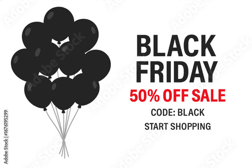 Vector illustration of a Black Friday sale poster featuring a cluster of dark, glossy balloons on a white background