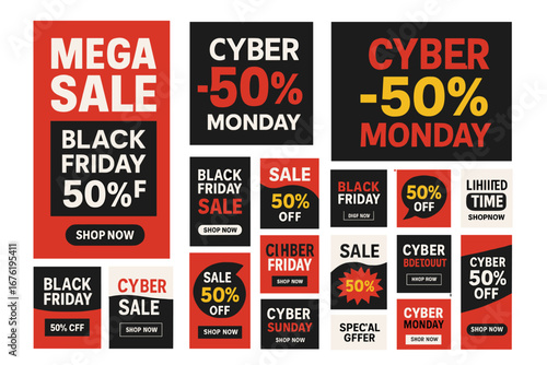 A massive set of Mega Sale banners with a gold halftone glitter effect for special offers, sales, and discounts on Black Friday, along with a promotion and shopping template for the day