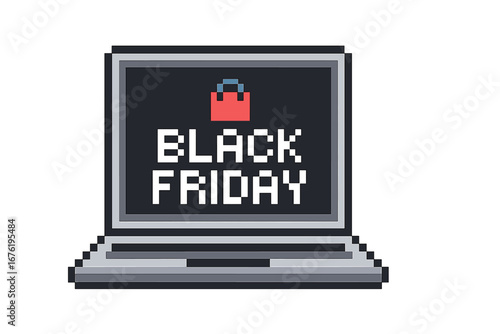 A pixelated laptop featuring a Black Friday icon, rendered as a vector 8‑bit game logo and sale banner