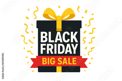 Vector banner for a massive Black Friday sale showcasing an opened gift box tied with ribbons