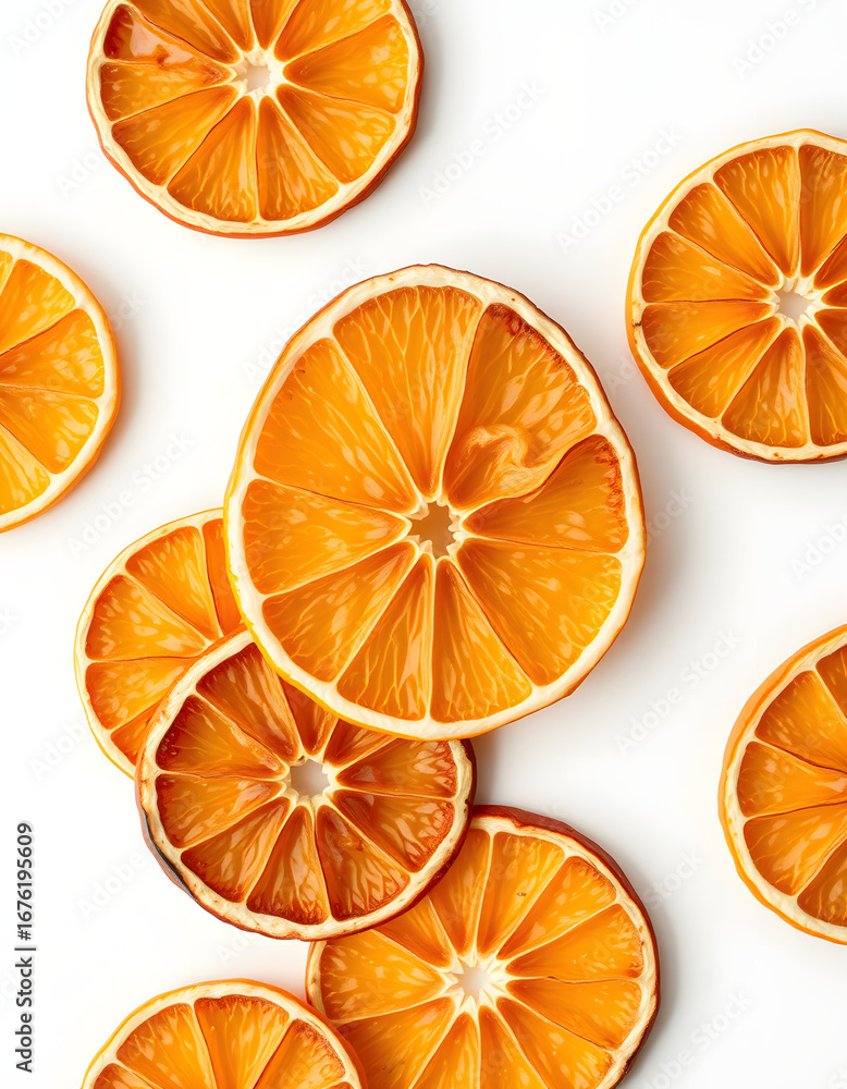 Fototapeta premium Dried slices of orange (lemon) isolated on white background.Top view, magazine photoshoot. isolated with white highlights