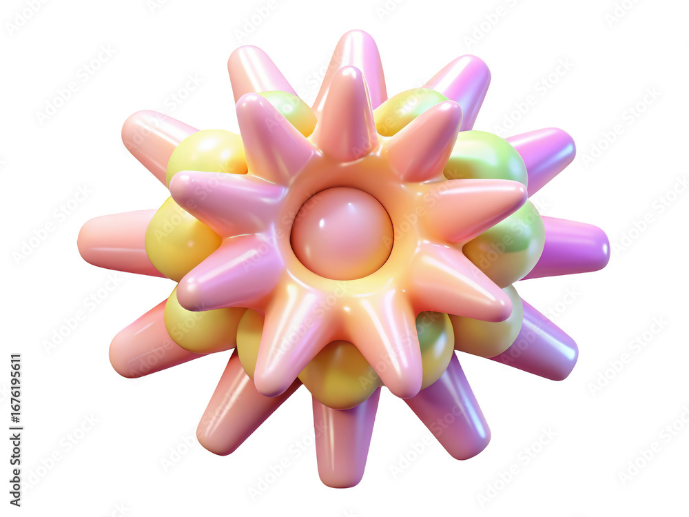 Fototapeta premium Abstract multicolored geometric shape with pink petals and green spheres 3d illustration icon solated on white background