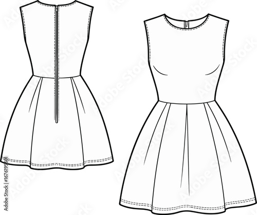 Sleeveless fit and flare mini dress with back zipper, technical flat sketch for fashion design, apparel vector illustration
