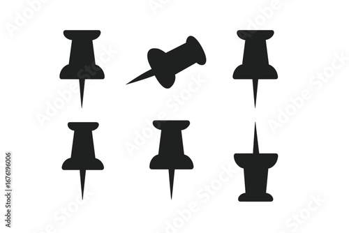 A flat‑style collection of push‑pin icons, featuring thumbtacks for attaching notes and paperclip‑like pins, provided as vector graphics for web or app use on boards or maps