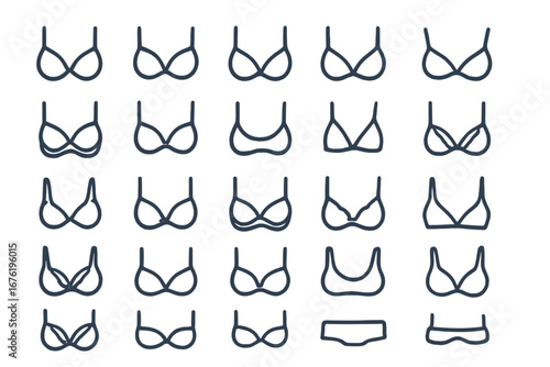 A set of simple line icons depicting various women's sports bras, ideal for fitness, activewear, or lingerie websites and apps