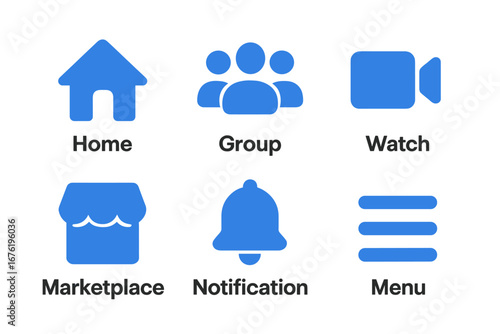 Facebook Icon Set Collection: Home, Group, Watch, Marketplace, Notification, Menu