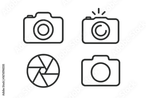 Digital camera icon featuring a minimalist flat‑style outline, representing photo snapshot, capture, shutter, flash, and modern app graphics