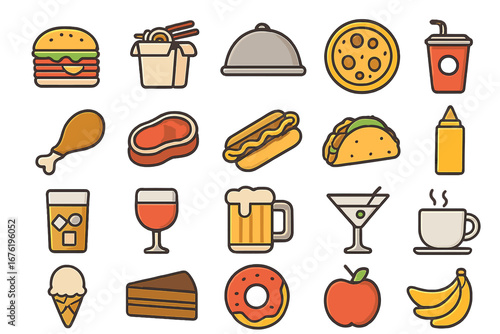 Vector graphic illustration of food and beverage icons, ideal for restaurants, cafeterias, cafés, and similar venues