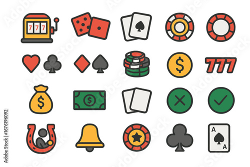A collection of 20 sleek, minimalist casino icons—including slot machines, dice, cards, and chips—designed for web pages, mobile apps, and gaming interfaces, delivered as vector illustrations