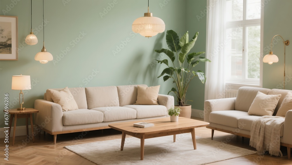 Fototapeta premium Bright Modern Living Room with Cream Sofas Large Green Plant and Natural Light