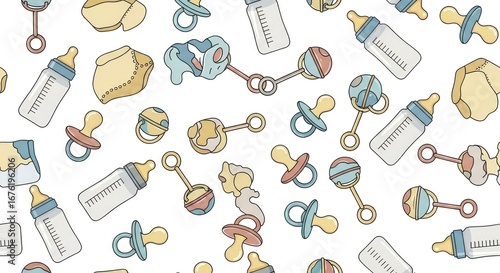 Cute Baby Items Seamless Pattern with Bottles, Pacifiers, and Rattles on White Background, Vector Illustration