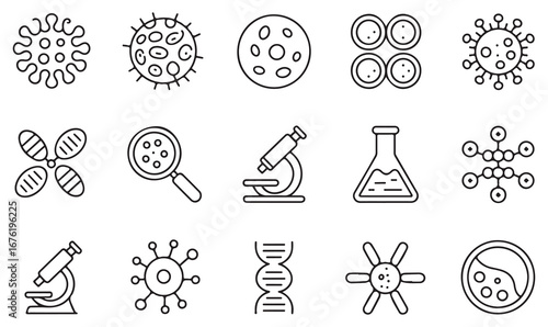 Minimal Biology and Virus Outline Icons – Pathogen, DNA, Microscope, Cell Structure, and Molecule Symbols for Science and Laboratory Projects