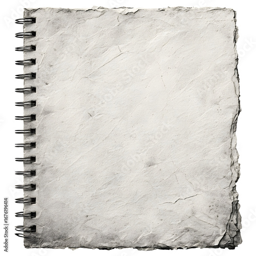 Distressed aged paper notebook with spiral binding on a dark black background