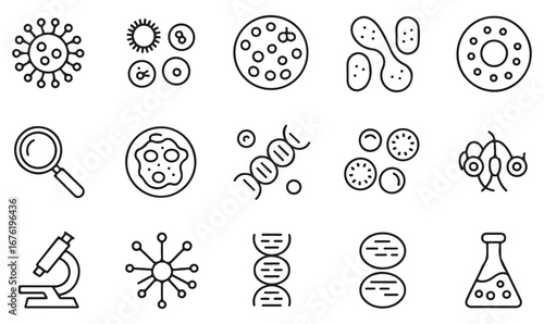 Outline Biology Icons – Pathogen, Germ, Molecule, Test Flask, Microscope, and Scientific Experiment Symbols for Medical and Research Projects