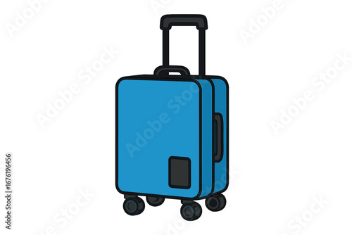Carry‑on luggage with a handle and spinner wheels, a holiday‑packed suitcase, travel bag, tourist valise, case, and a flat vector illustration on a white background