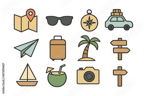 A hand‑sketched summer travel vacation icon set featuring doodle‑style camera, travel bag, and palm elements for a humorous tourism vector illustration