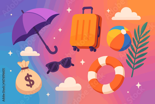 Levitation-themed summer travel illustration in 3D vector style