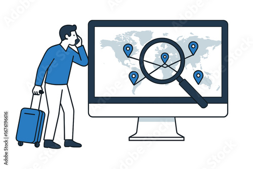 A vector illustration depicting an abstract tour navigator concept, alongside a mobile travel guide app that provides intelligent online trip navigation, traveler reviews, a smartphone application