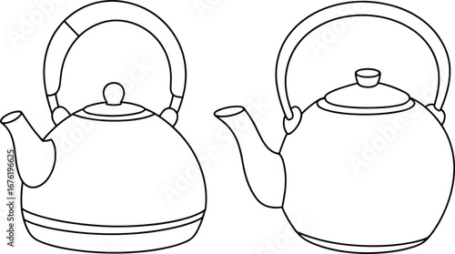 Vintage teapot design comparison, side by side kettle line art, traditional tea pot illustration, handle and spout variations, kitchenware outline drawing, minimal style