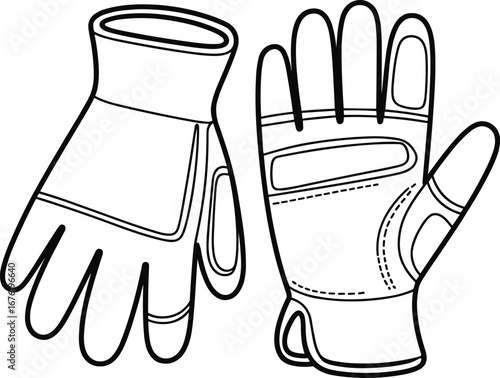 Sports protective gloves, padded palm and knuckle design, wrist strap closure, detailed stitching, cycling, weightlifting, tactical gear, safety handwear, vector illustration