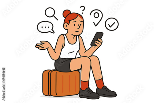 A pretty young female traveler perched on a suitcase, typing a message on her phone; hand‑drawn vector line‑art doodle style