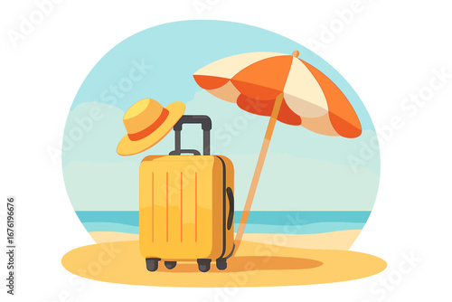 D vector luggage, a blue umbrella and a ball, summer vacation, travel-time concept