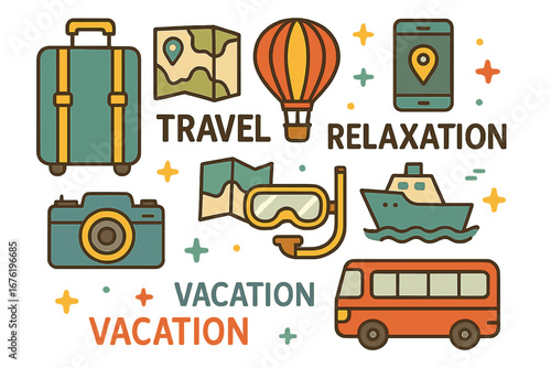 Adorable Travel and Tourism Doodle Vector Sticker Set