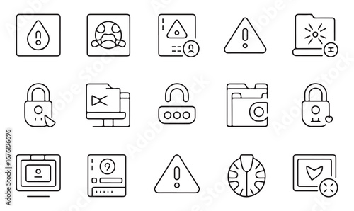 Minimal Cyber Protection Icons – Computer Shield, Password Lock, Warning Alert, and Secure Access Symbols for Technology and IT Projects