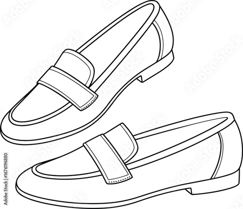 Loafers shoes, slip on footwear, penny loafers design, men’s casual shoes, classic leather loafers, fashion shoe outline, stylish flat shoes, footwear illustration