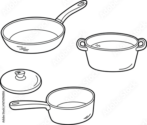 Frying pan, cooking pot, saucepan with lid, kitchen cookware set, culinary utensil design, food preparation tools, kitchenware outline, household cooking equipment illustration