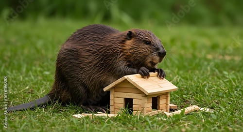 A cute beaver interacts playfully with a small wooden house on the grass, outdoors.