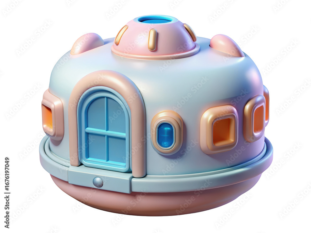Obraz premium Cartoon house design with windows and dome roof pink and blue pastel colors cute and playful architectural render3d illustration icon solated on white background