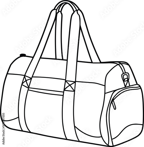 Duffel bag with cylindrical shape, zippered main compartment, side pocket, double shoulder straps, top handle, travel accessory, bag construction, apparel design, vector illustration