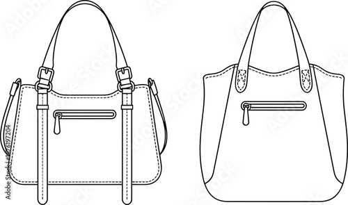 Two handbag designs with structured and soft shapes, front zippered pockets, double handles, fashion accessories, bag construction, apparel design, clothing illustration, vector art