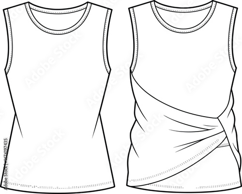 Sleeveless tank top CAD flat sketch with front twist detail, fashion vector illustration showing front and back views for design reference