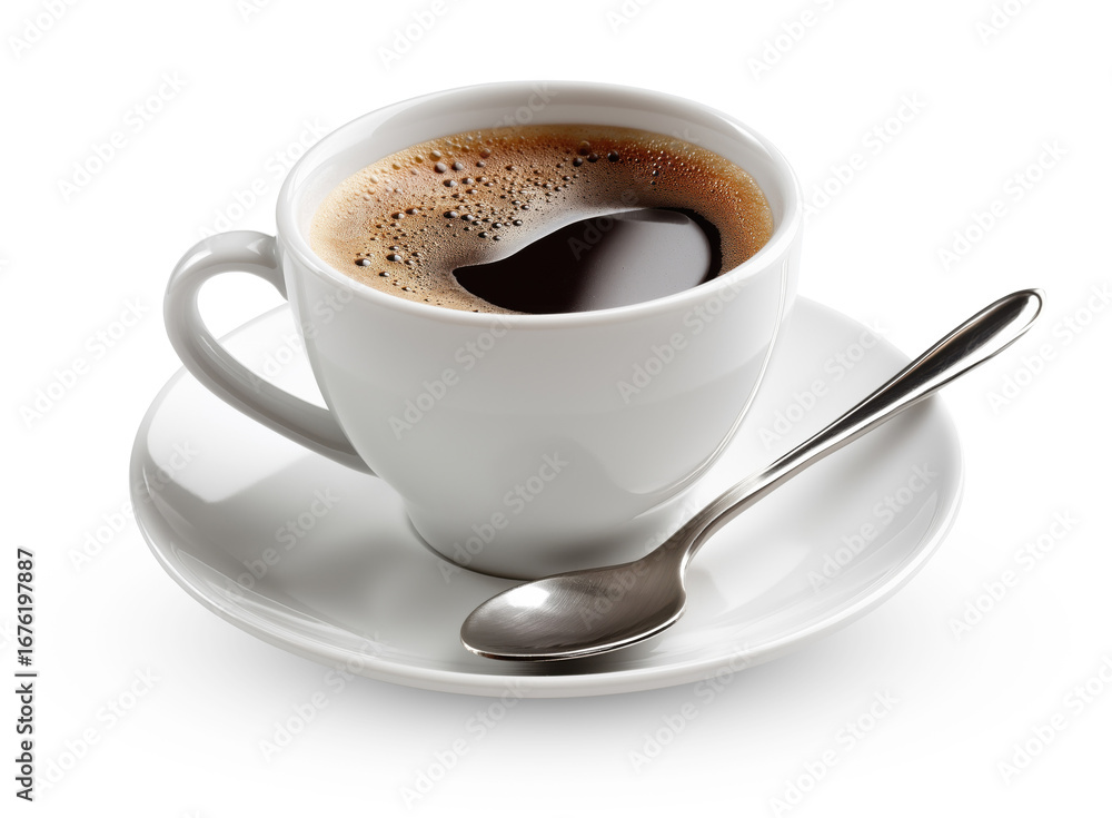 Fototapeta premium Classic white coffee cup with black coffee on saucer with spoon isolated on transparent background