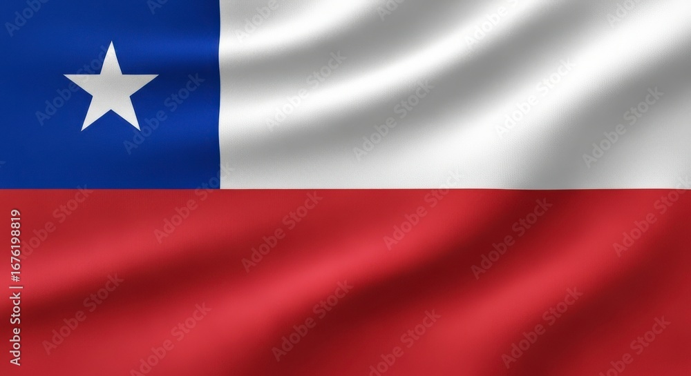 Fototapeta premium A waving flag of chile with a white star on a blue square and a white and red stripe