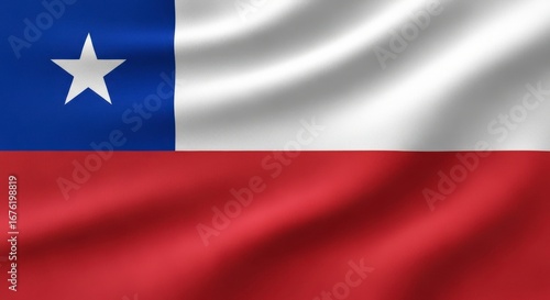 A waving flag of chile with a white star on a blue square and a white and red stripe