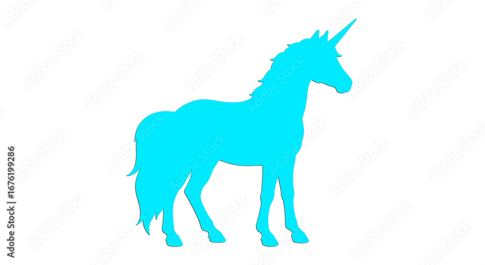 Fototapeta premium Blue unicorn logo gallops across sapphire sky, silver horn aglow, flowing cerulean mane radiating mystical power.