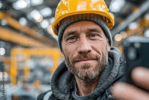 Mature bearded man in yellow hard hat smiling and taking a selfie in industrial building